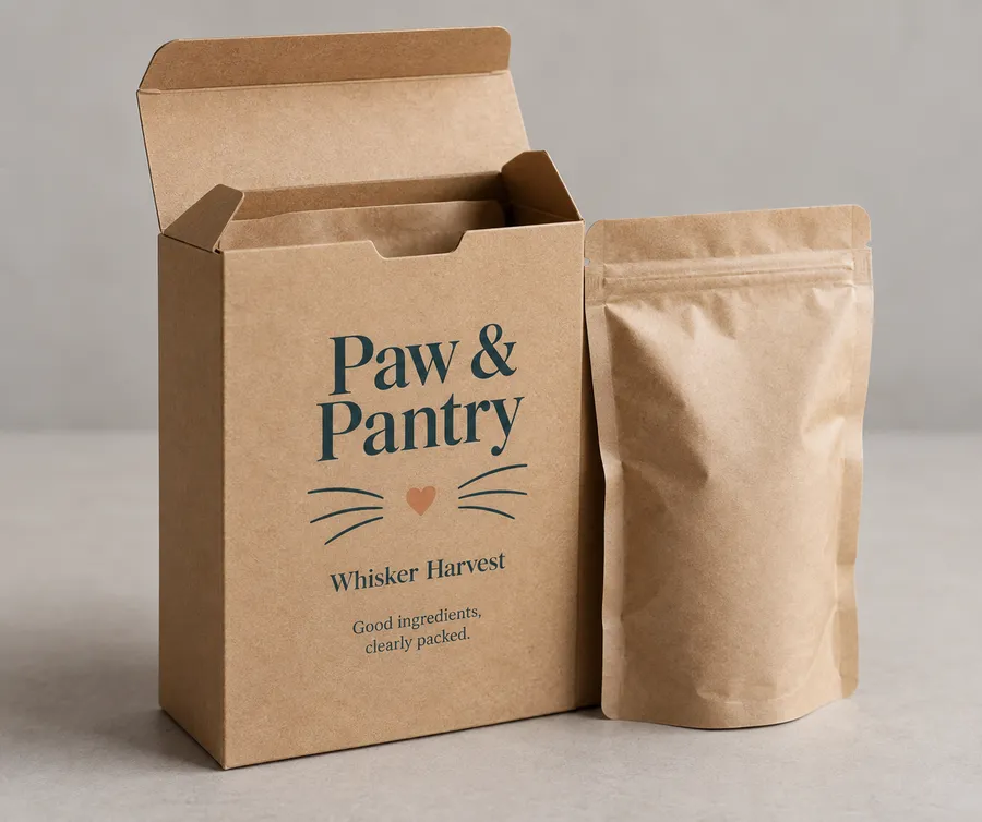 Kraft folding cat food carton with a printed front panel and stand-up pouch