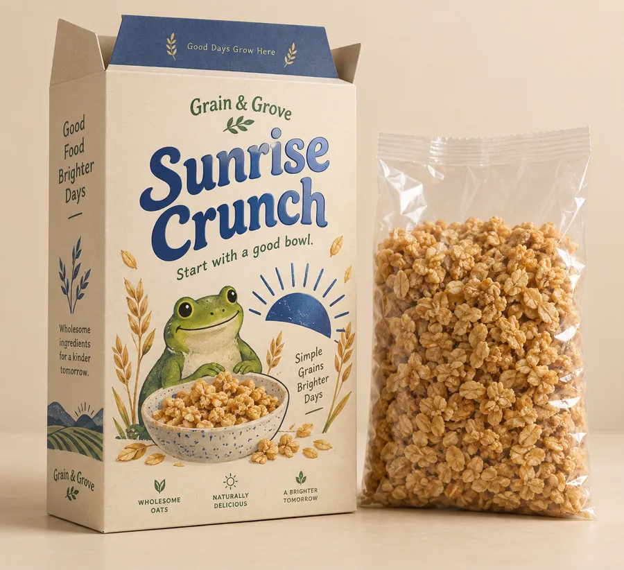 Custom Sunrise Crunch cereal carton with frog illustration and sealed oat bag