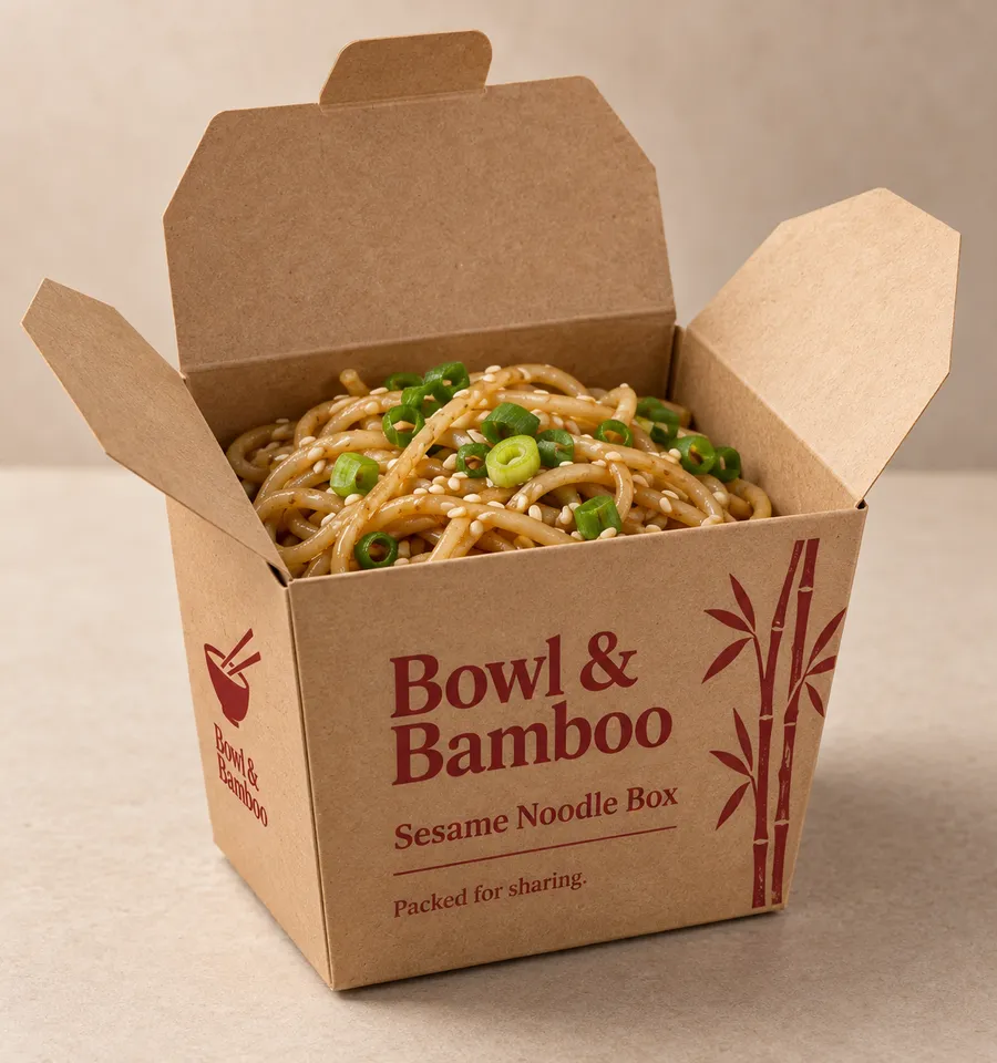 Opened custom Chinese takeaway box showing tuck flap and noodle portion