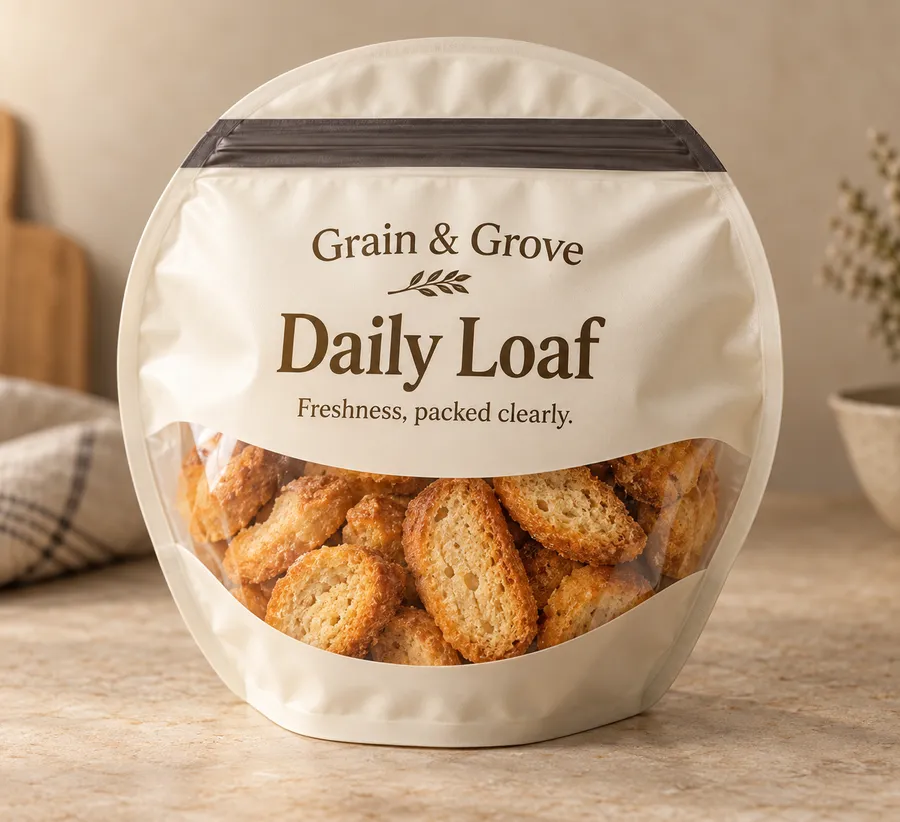 A warm ivory circular mylar pouch holds golden bakery pieces beneath a printed Grain and Grove front panel.