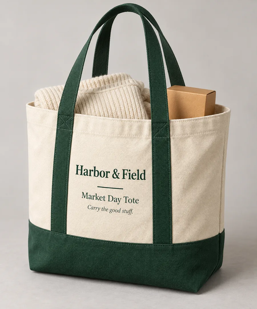 Classic two-tone canvas tote with contrast handles and lower panel carrying a folded sweater and candle box