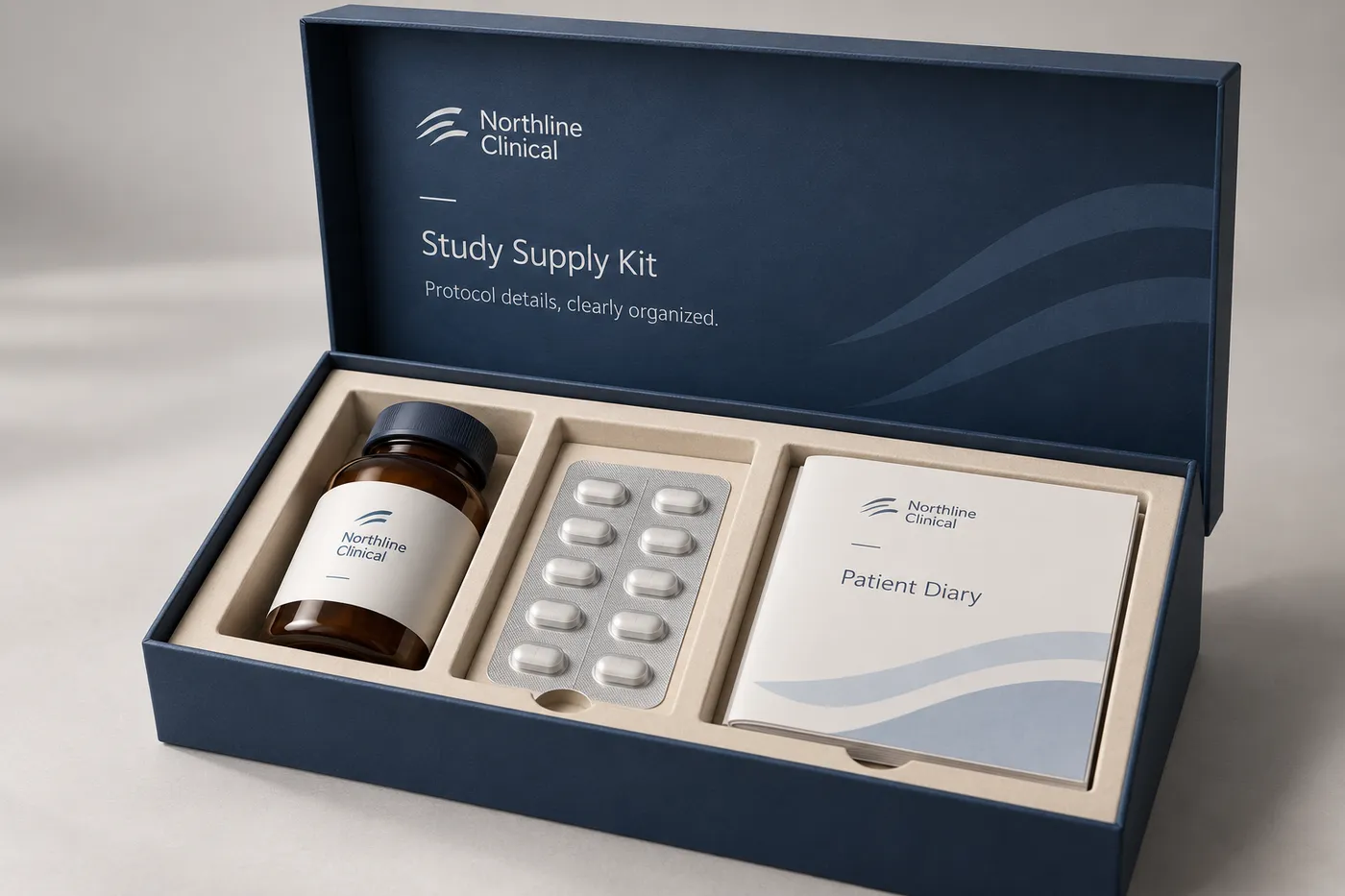 Open slate-blue clinical trial kit with an amber bottle, blister wallet, and fitted tray.