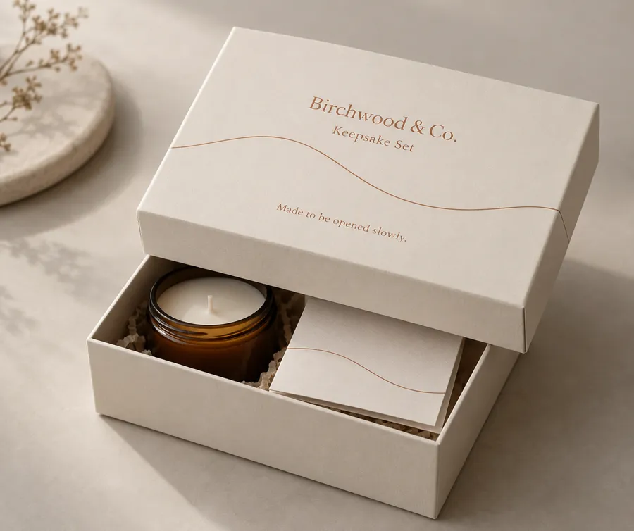 Printed rigid consumer gift box with lift-off lid, candle jar, and folded card
