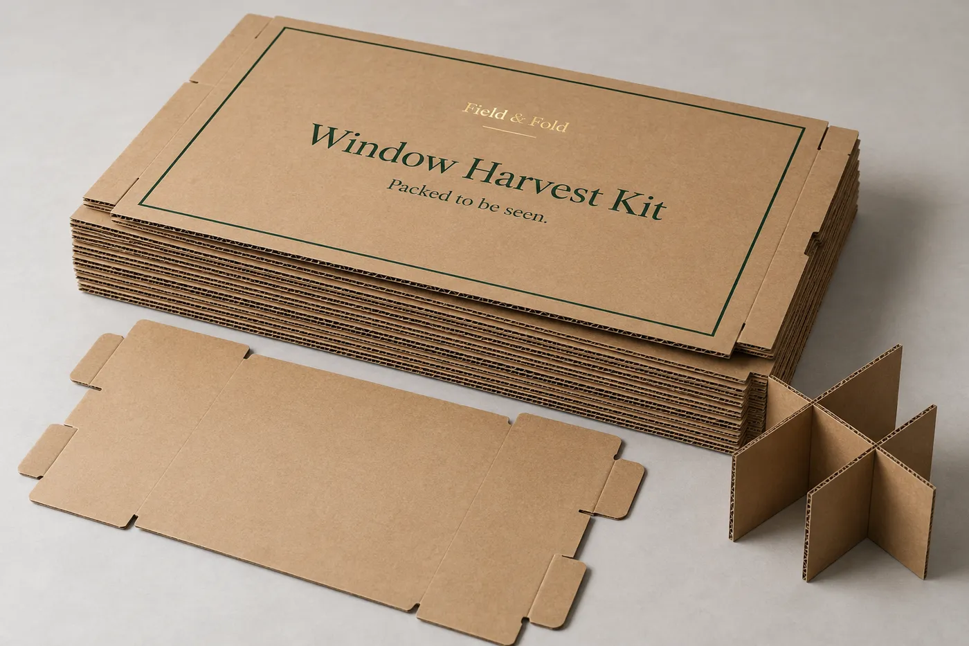 Stack of printed corrugated carton sheets with one sheet lifted beside a carton blank