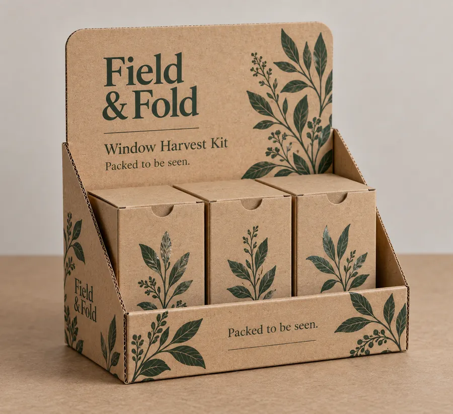 Open-front kraft corrugated display box holding upright cartons with a printed green rear panel