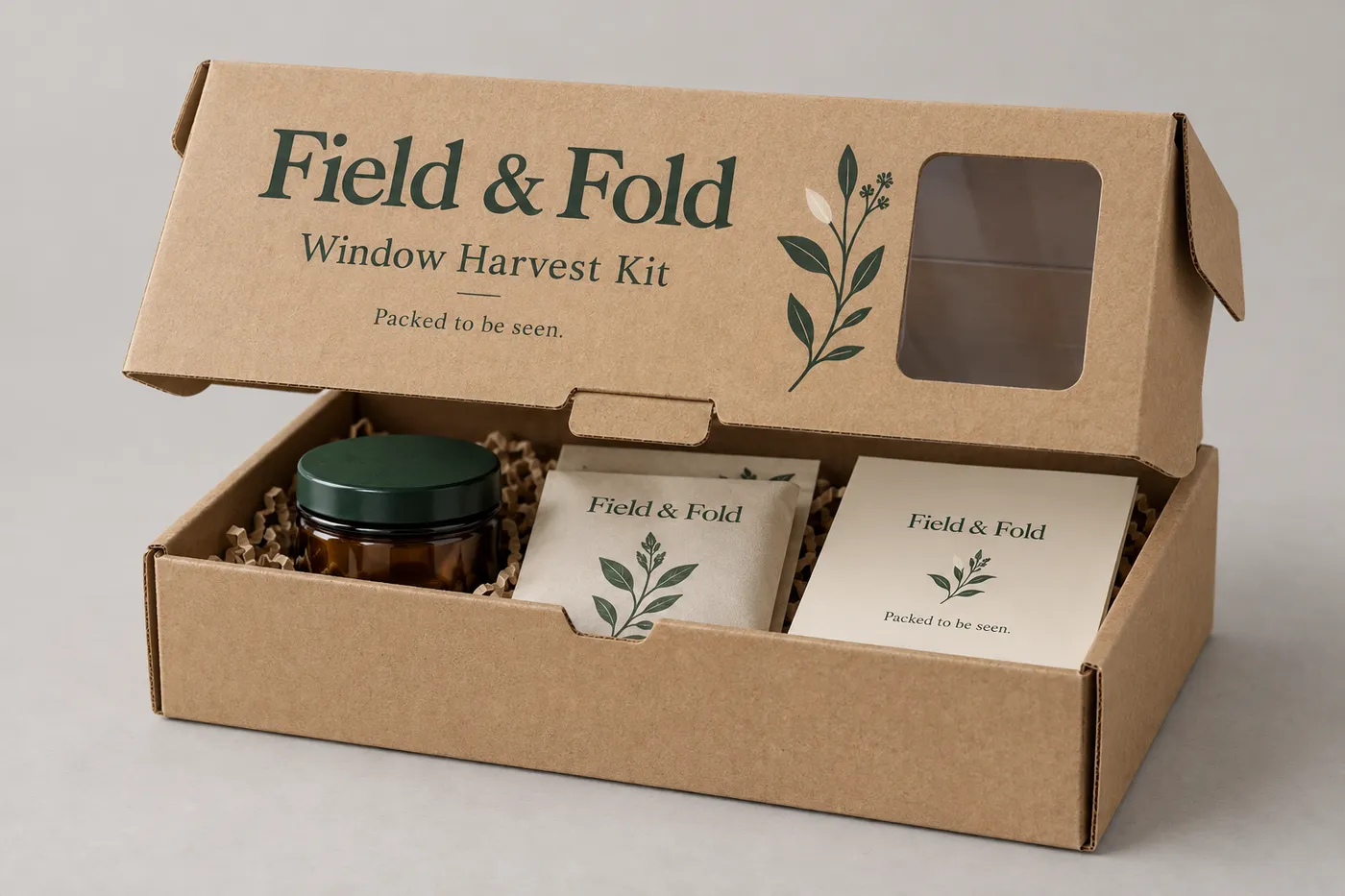Printed kraft corrugated mailer with a window showing a packed harvest kit