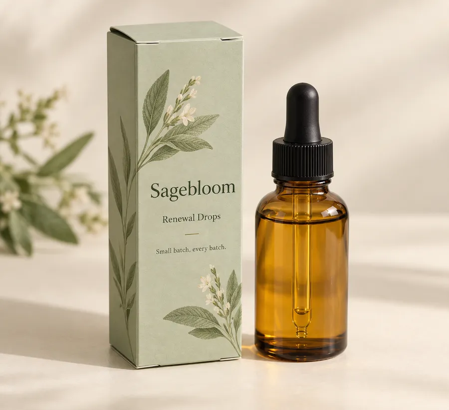 Pale sage folding cosmetic carton beside an amber dropper bottle on an ivory tabletop.