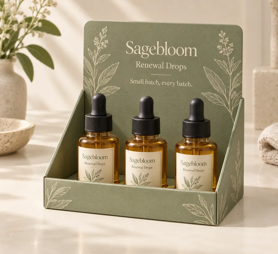 Sage-green open-front cosmetic display box with three amber dropper bottles and botanical Sagebloom Renewal Drops print.