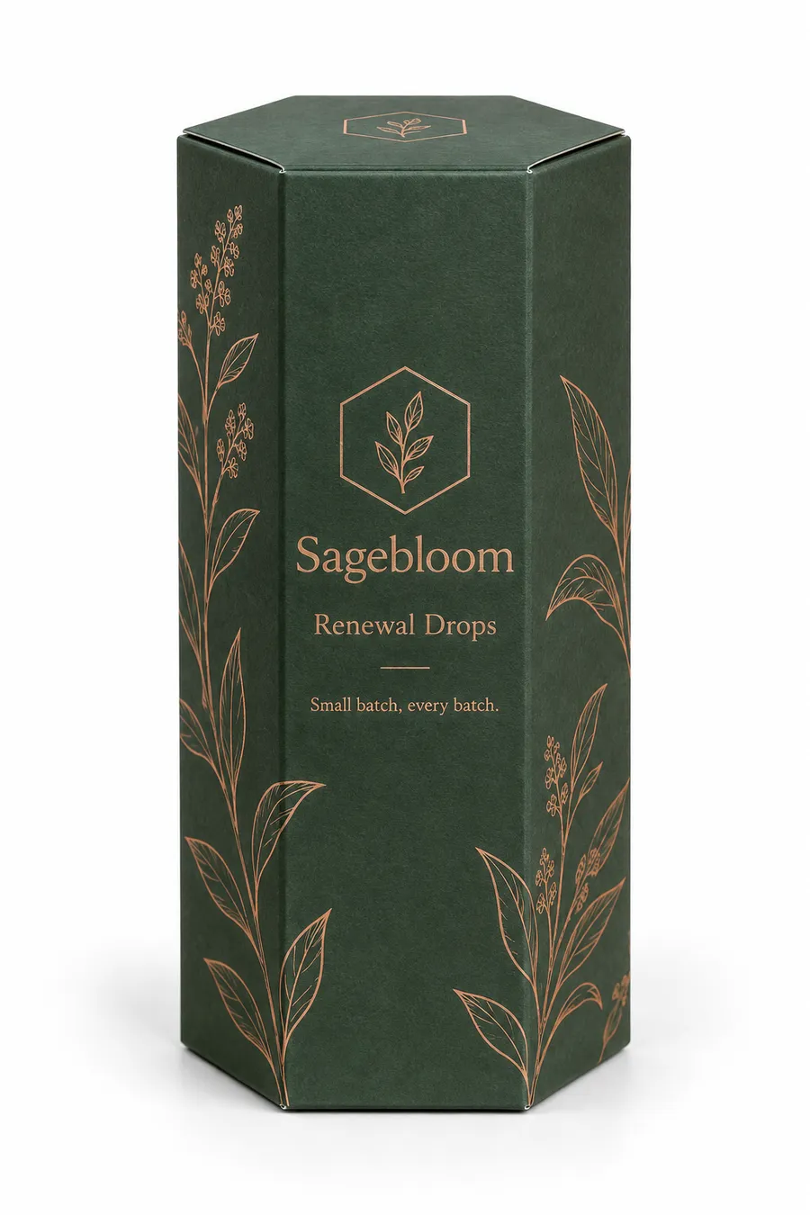 Closed sage-green hexagonal cosmetic box with copper botanical foil and Sagebloom print