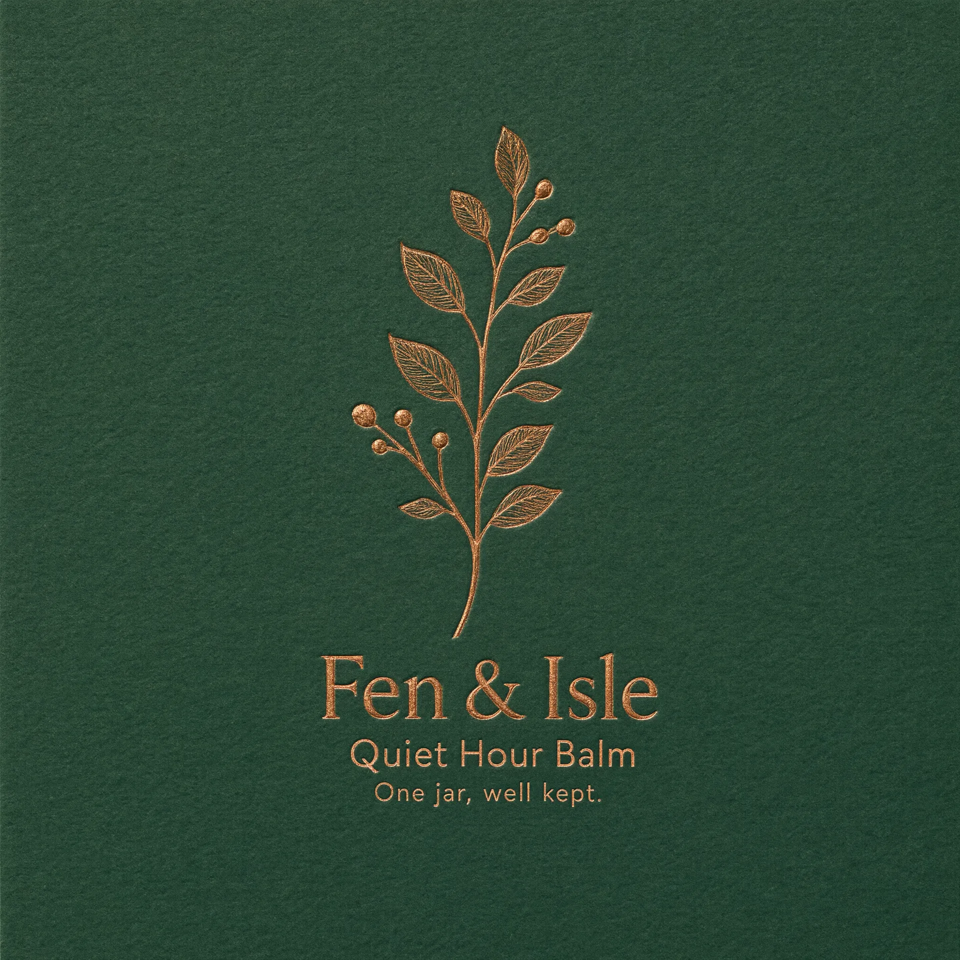 Close-up of copper foil botanical line work on the matte green corner of a cosmetic jar box