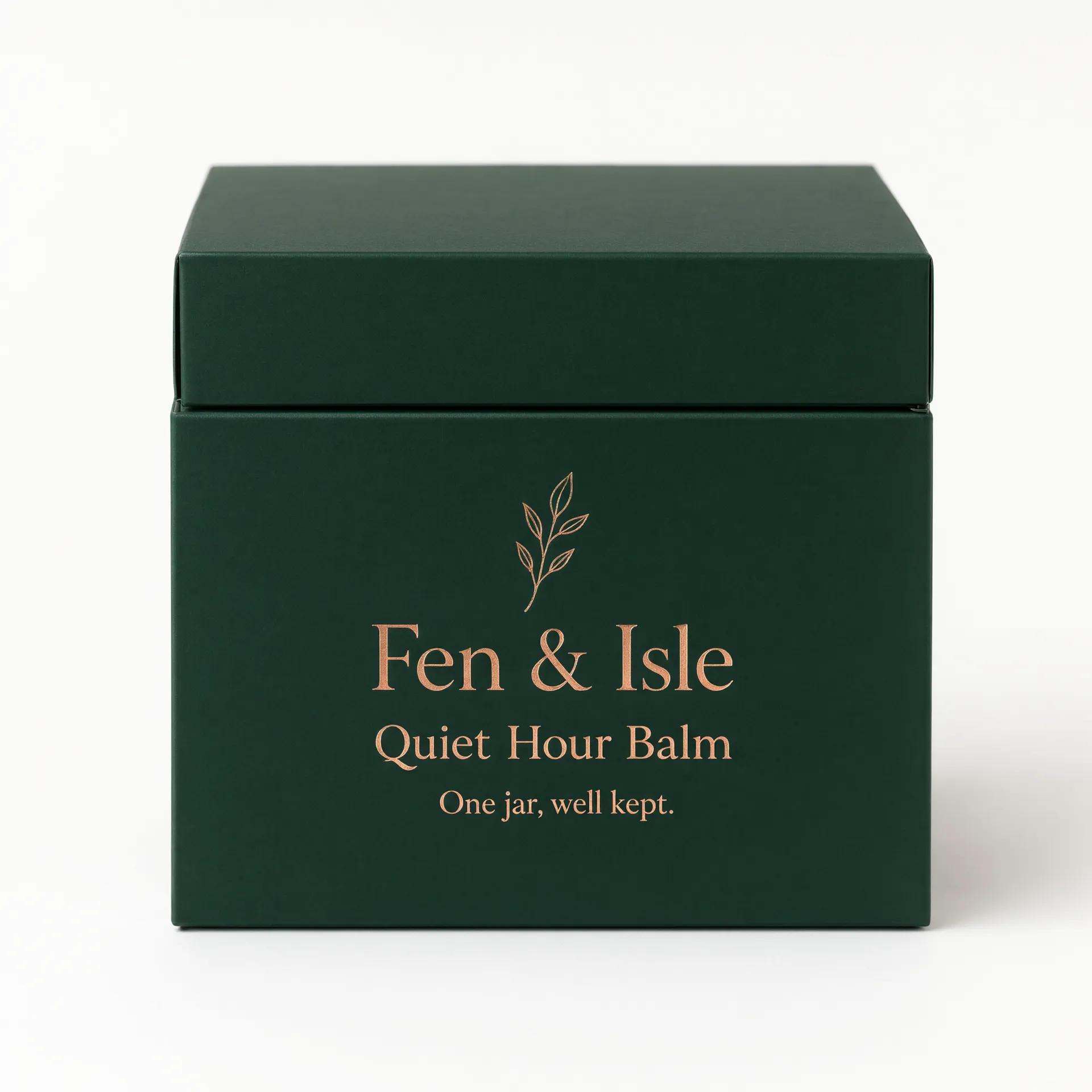 Closed forest-green rigid cosmetic jar box with a copper botanical line motif on the front panel