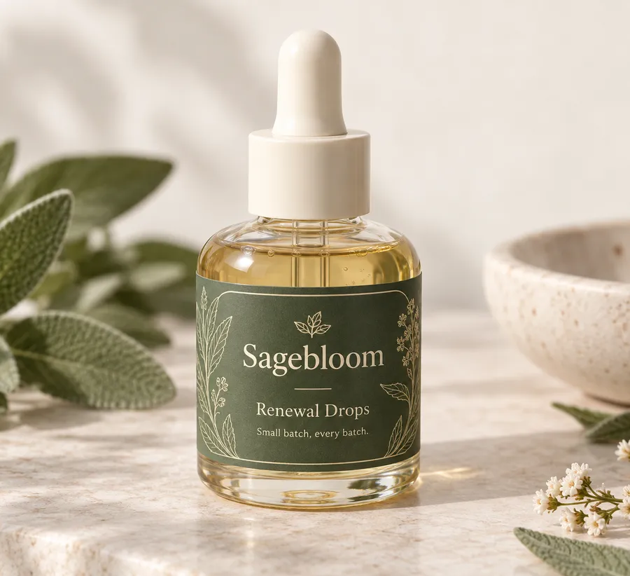 Sagebloom Renewal Drops cosmetic label applied to a small glass serum bottle with a cream dropper cap.