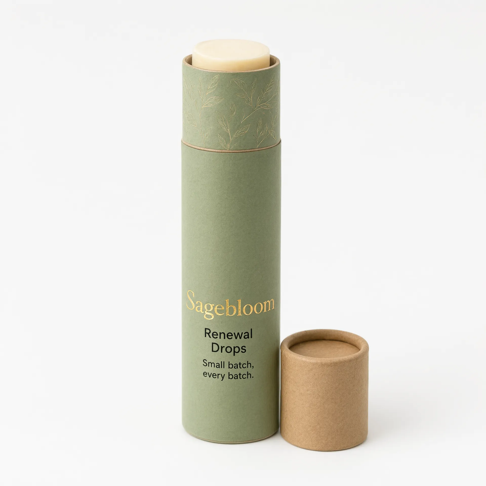 Open sage green cosmetic tube with cap removed, showing a solid balm stick inside