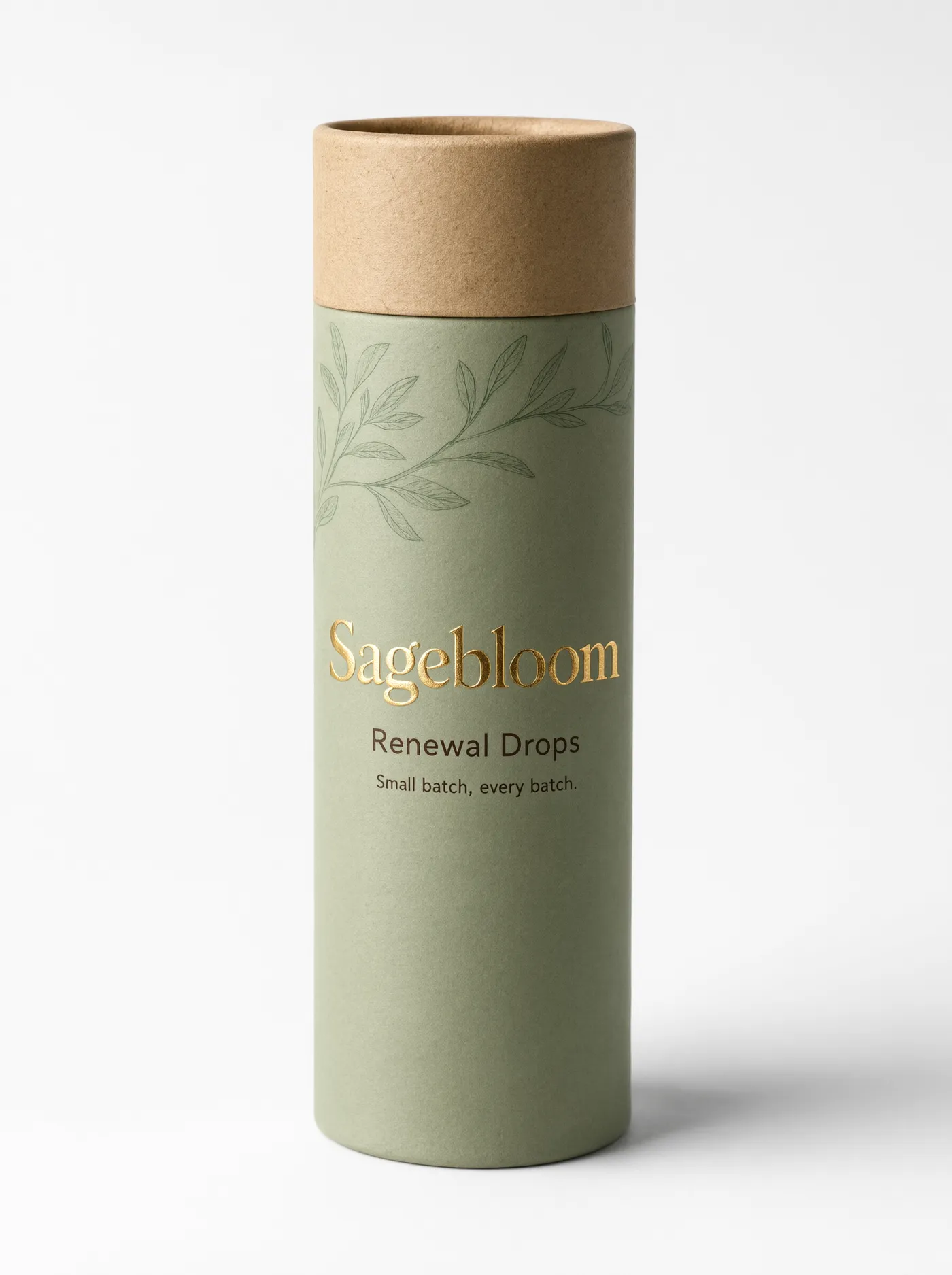 Closed sage green paperboard cosmetic tube with a kraft brown cap and botanical print