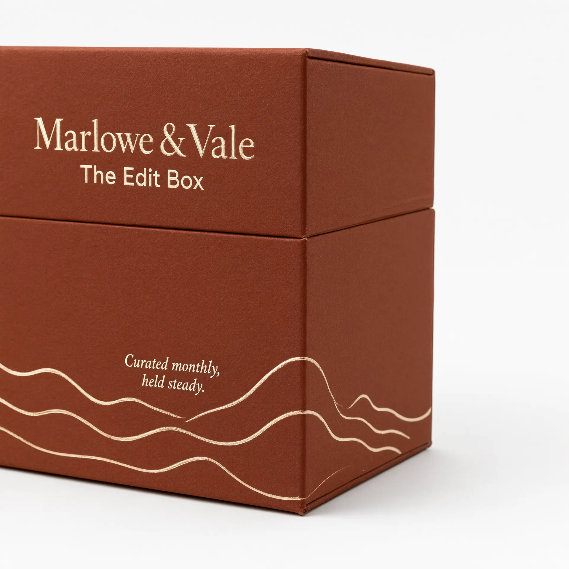 Close-up of cream foil wave line work on the matte terracotta corner of a subscription box