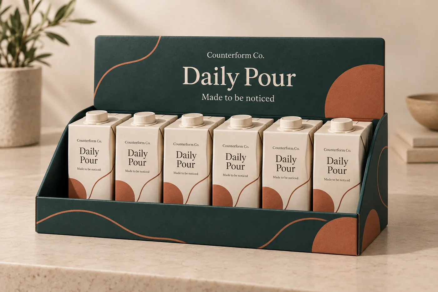 Deep teal open-front counter display box with six cream cartons and Counterform Co. Daily Pour print.