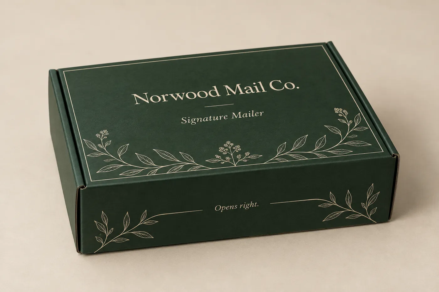 Closed custom decorative mailer box with forest green botanical print and tuck closure