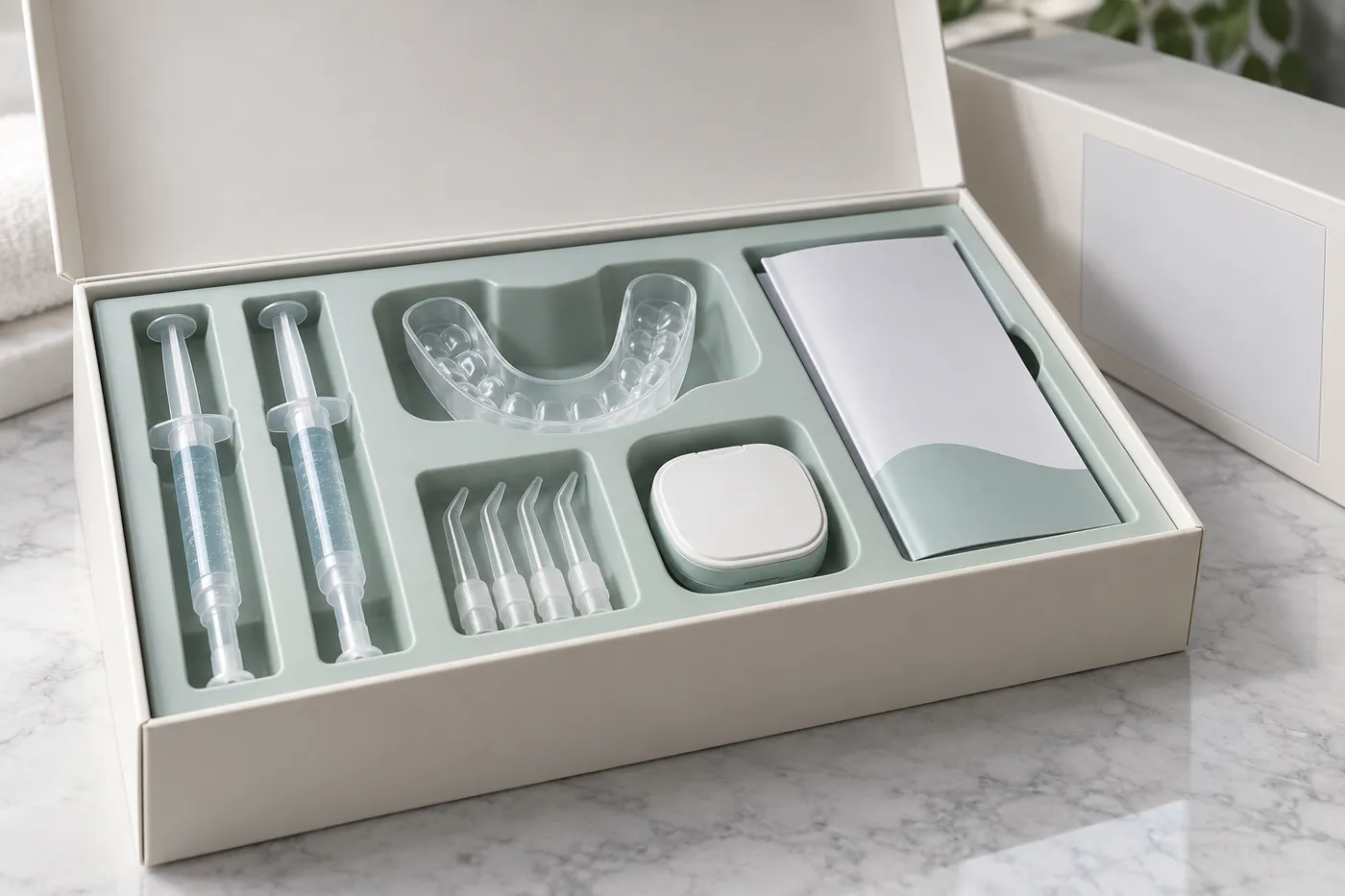 Close view of a dental kit insert separating syringes, tray, applicators, accessory, and booklet.