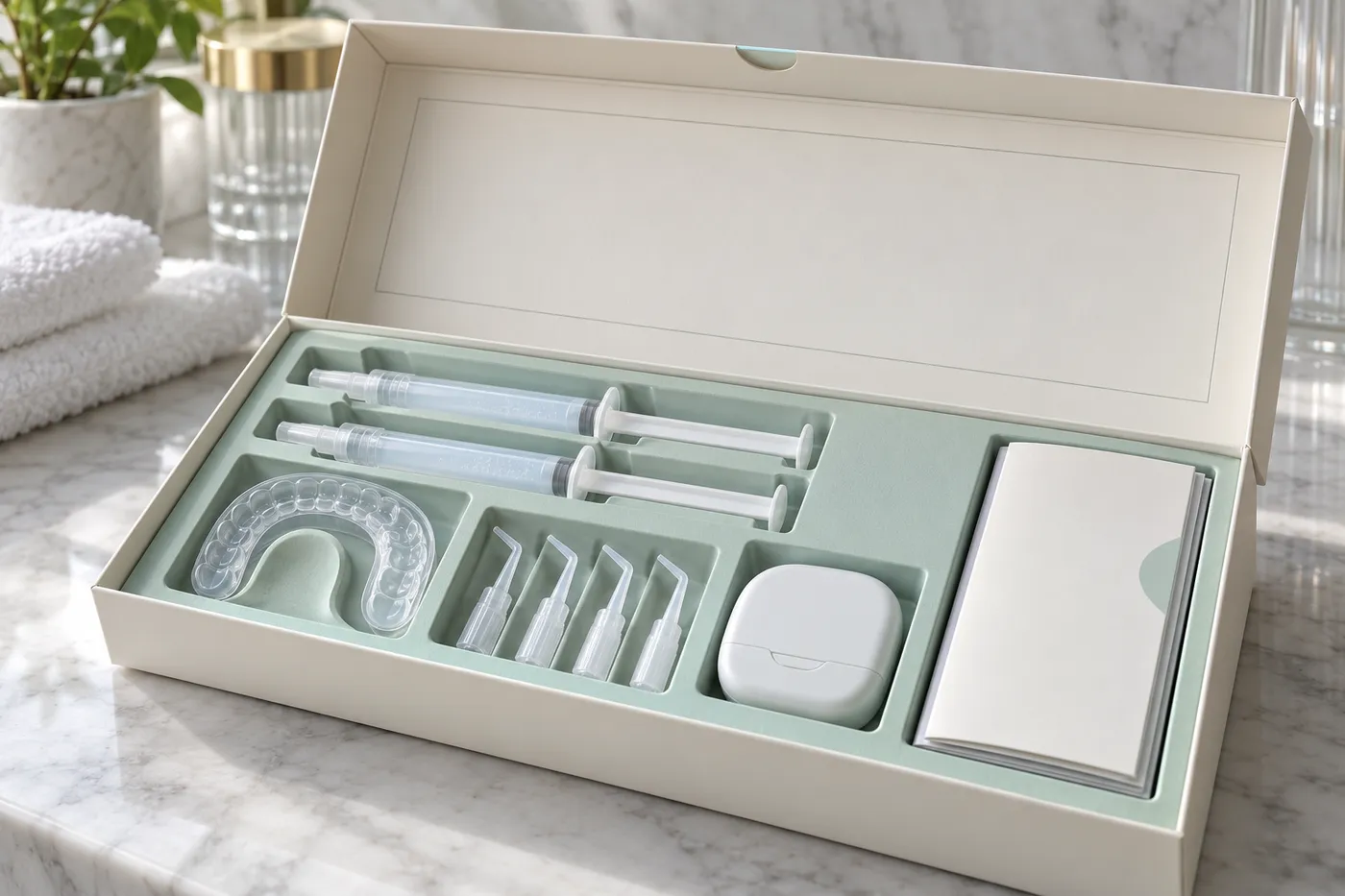Open dental supply kit box with gel syringes, tray, applicators, accessory, and booklet.