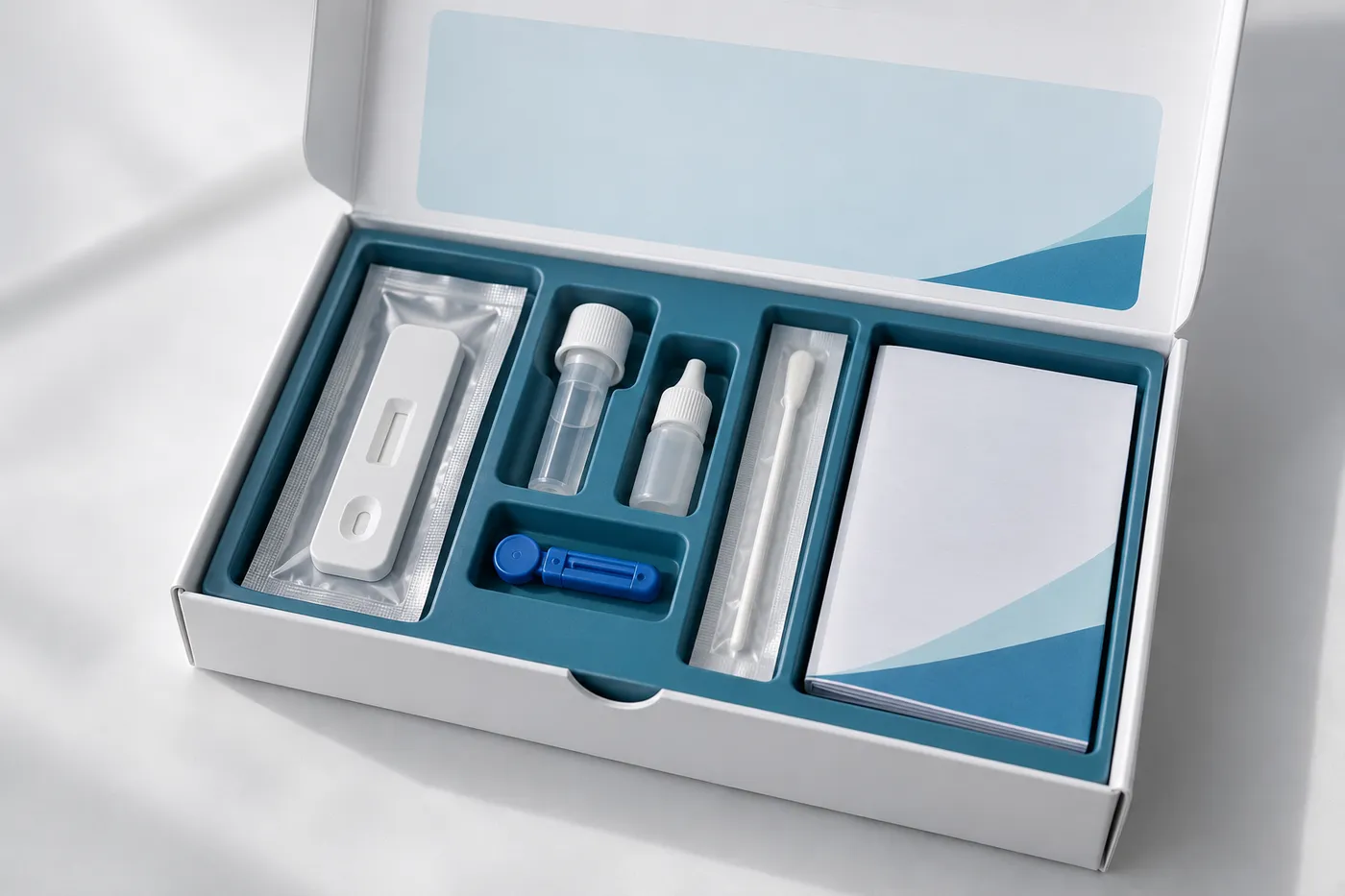 Close view of a diagnostic kit insert separating device, reagent, buffer, swab, lancet, and IFU.