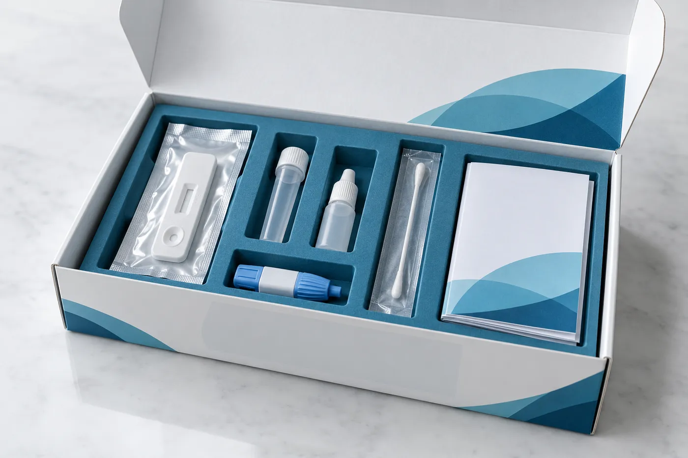 Open diagnostic test kit carton with device, reagent, buffer, swab, lancet, and IFU.