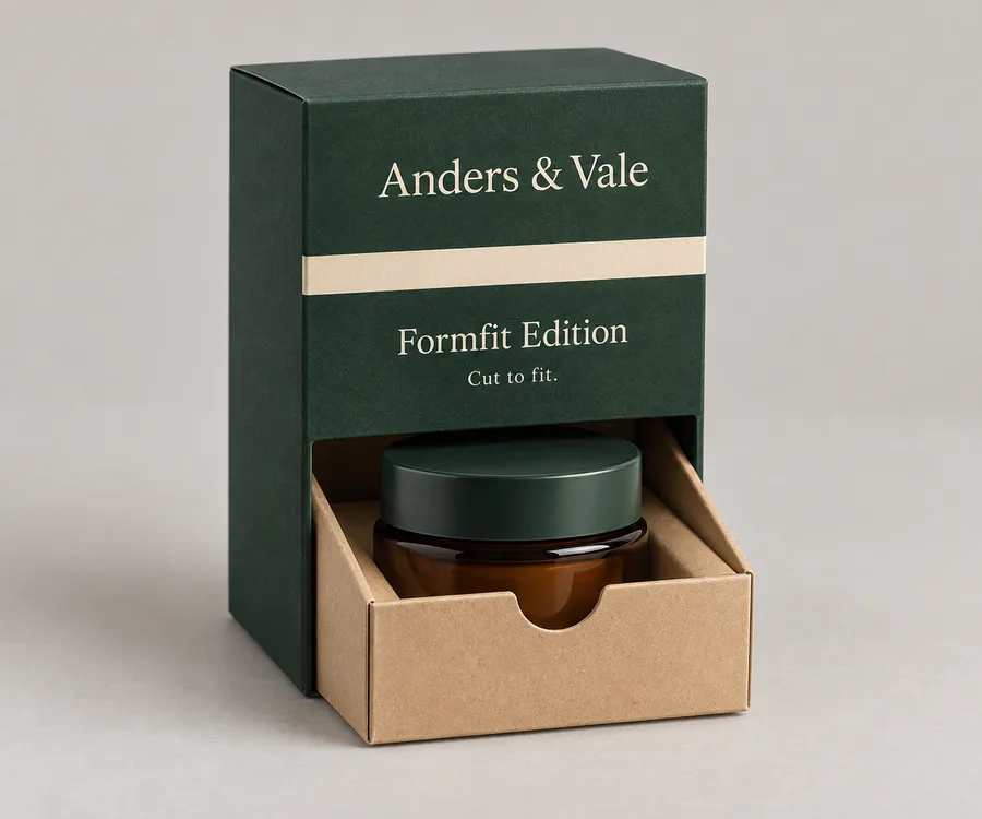 Die-cut sleeve box with a printed outer sleeve and tray holding an amber cosmetic jar
