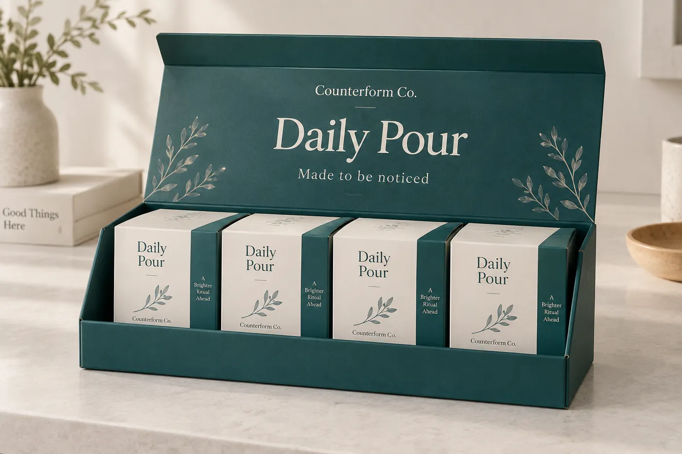 Deep-teal display lid box open as a printed header around four fictional cartons with Counterform Co. print.