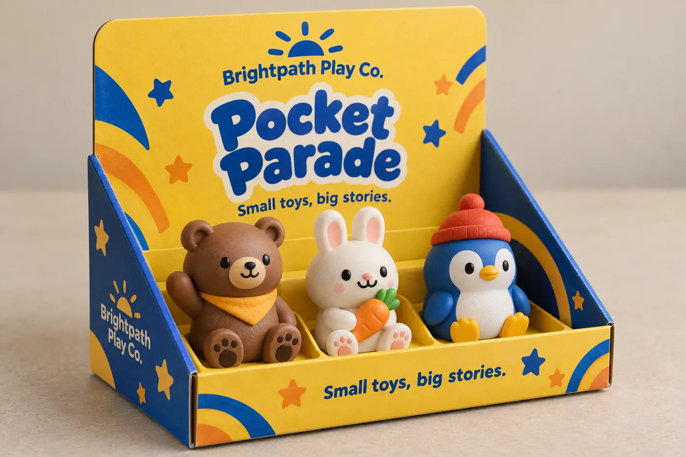 Close detail of printed folds, front lip, and toy placement in the Pocket Parade display box.