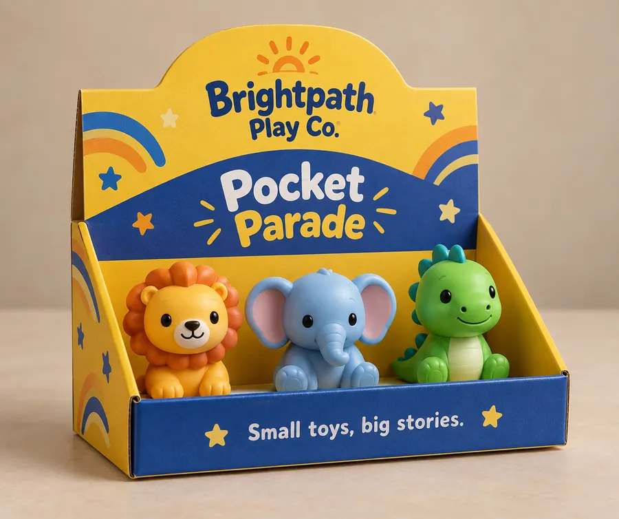 Brightpath Play Co. Pocket Parade display toy box with three collectible figures in a printed open-front tray.