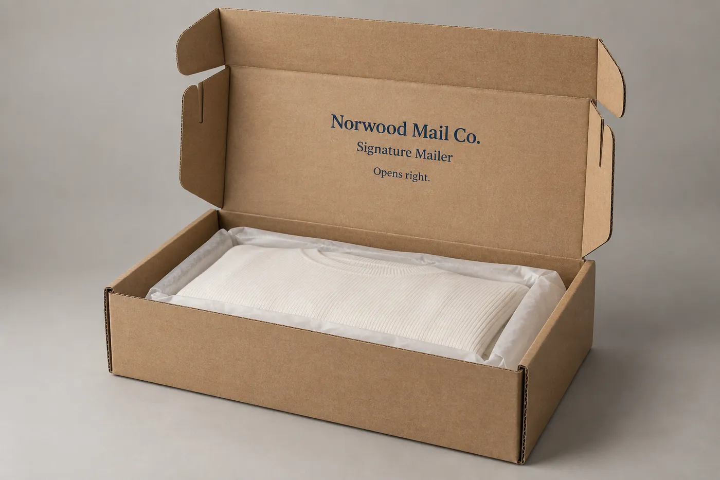 Open kraft ear-lock mailer box with folded soft good inside