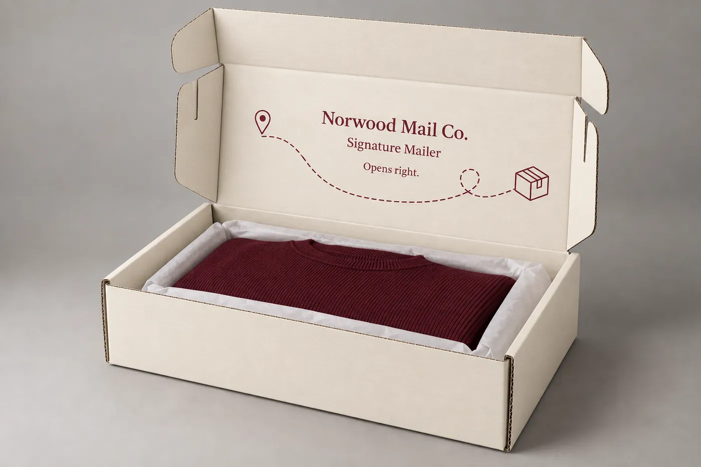 Open ivory ecommerce mailer with a folded burgundy knit garment and Norwood Mail Co. print on a studio surface