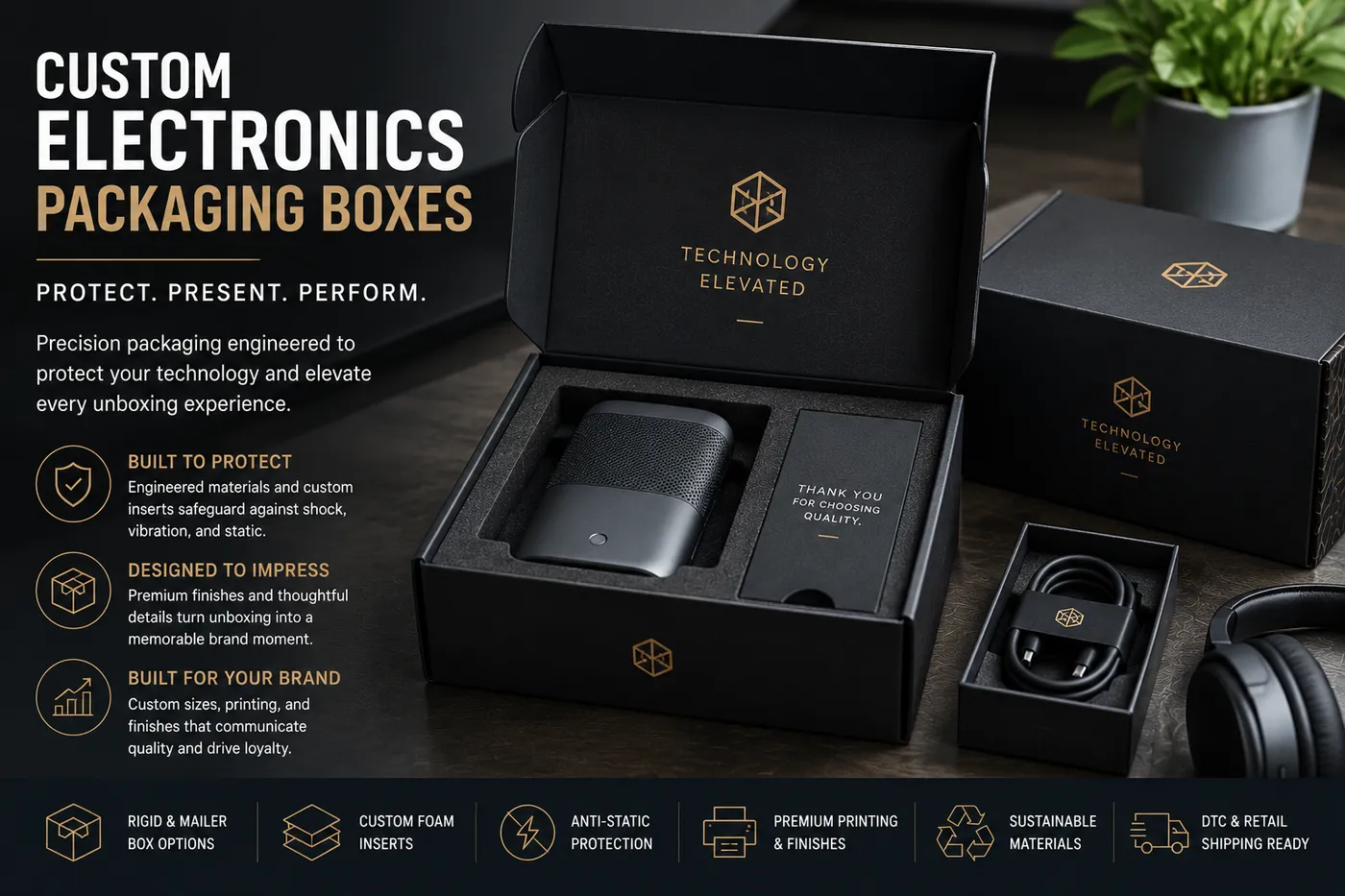 custom electronics packaging boxes magnetic lid rigid foam insert DTC tech brand