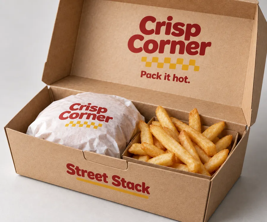 Close detail of the printed tuck closure and lid fold on a kraft takeaway box