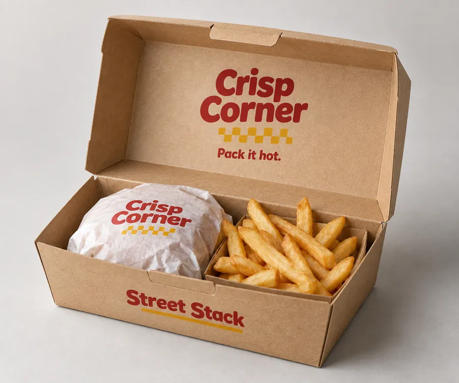 Printed kraft takeaway box open around a wrapped burger and fries
