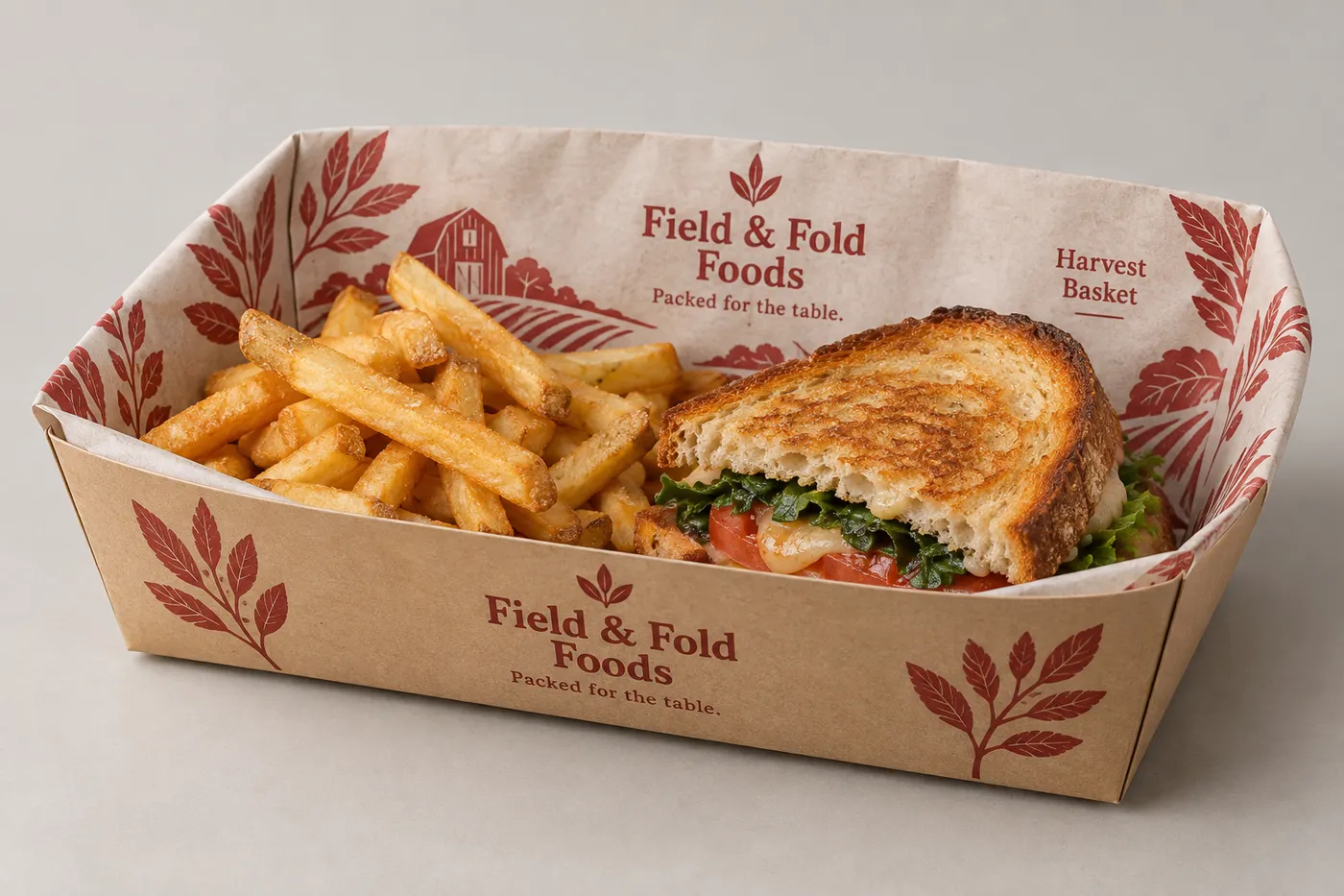 Printed kraft food basket liner under fries and a toasted sandwich in an open takeaway basket