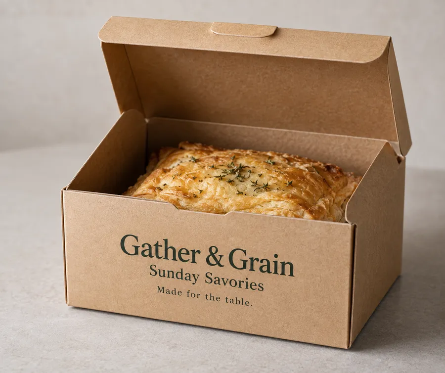 Printed kraft food box with a pastry portion and fictional Gather and Grain branding