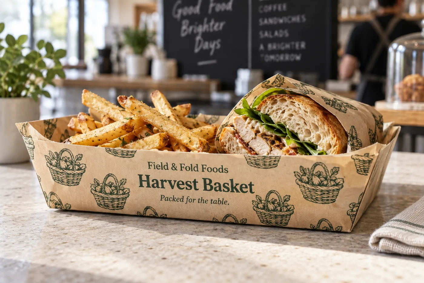 Printed custom food paper folded inside a takeaway basket with a visible branded front panel.