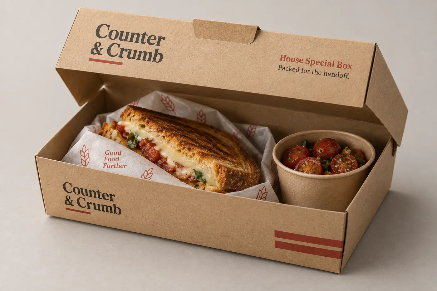 Natural kraft restaurant carton with a printed tomato motif and a sandwich inside
