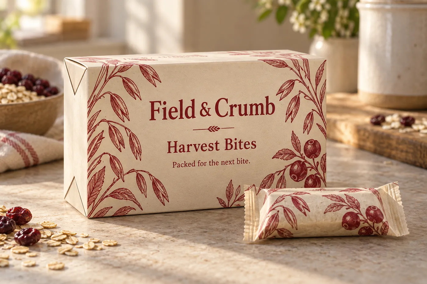 Printed seal-end food carton with Field & Crumb Harvest Bites artwork beside a wrapped snack bar