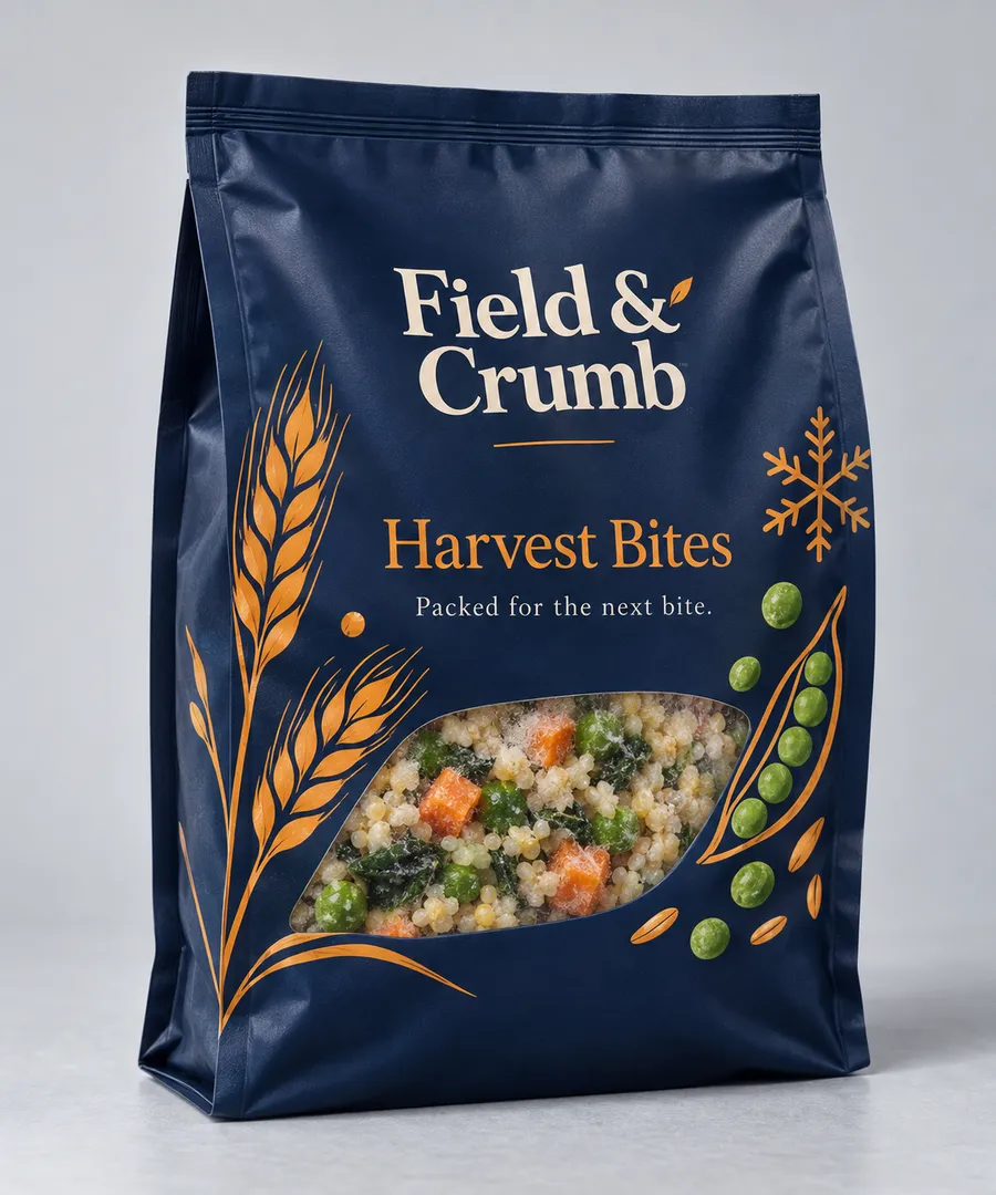 Printed navy frozen food bag with gusset, sealed top, and visible frozen meal window
