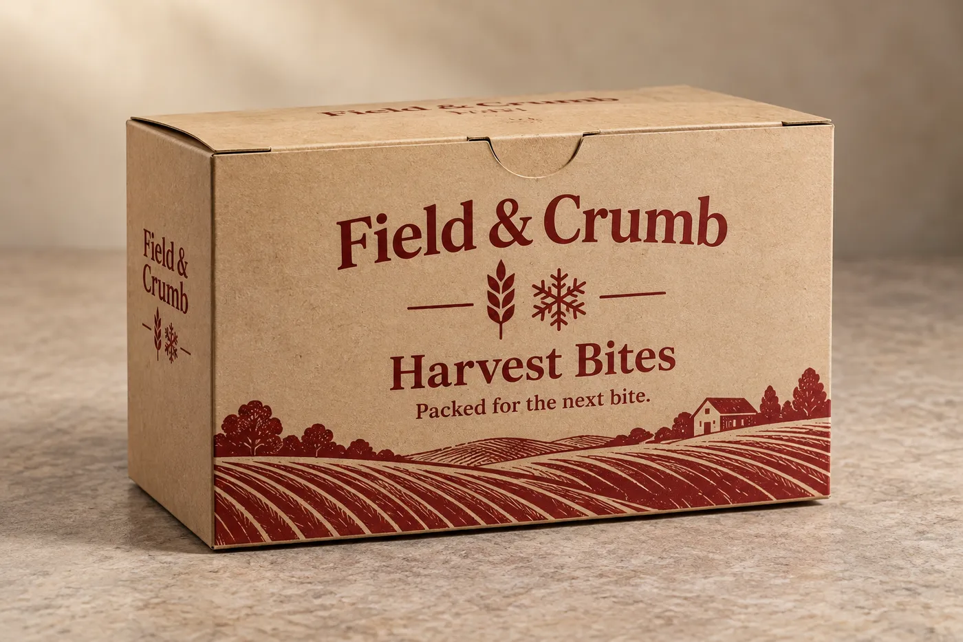 Custom kraft frozen food box with Field and Crumb printed front panel