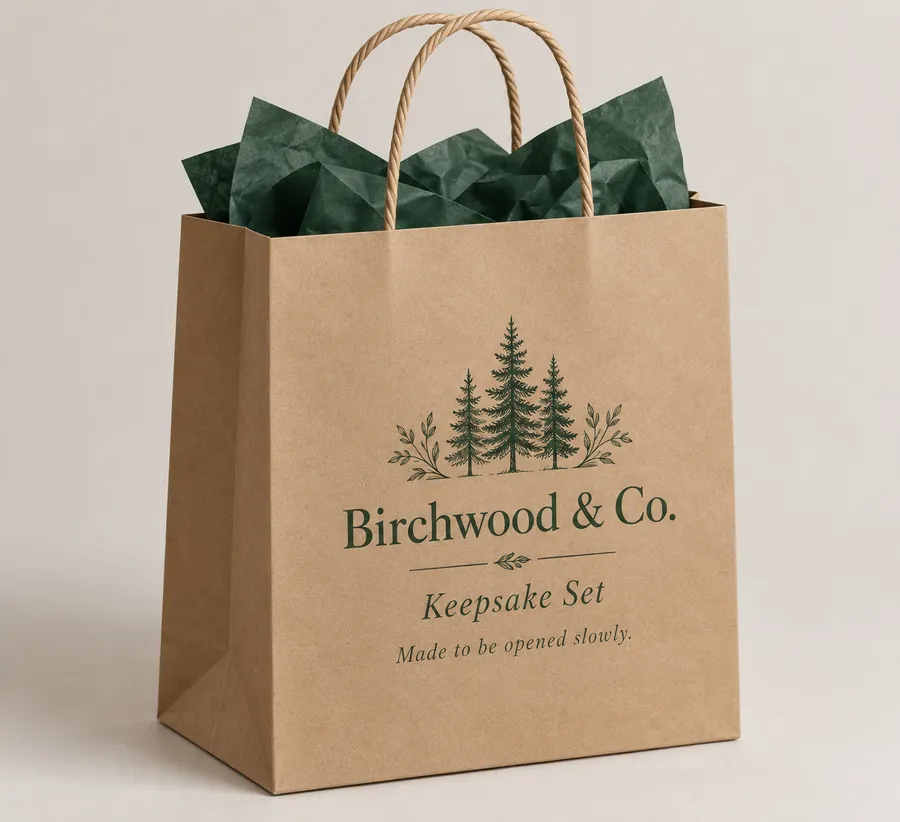 Kraft paperboard gift bag with rope handles and printed branding