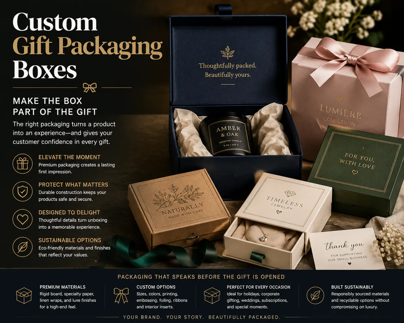 custom gift packaging boxes premium ribbon closure presentation branded
