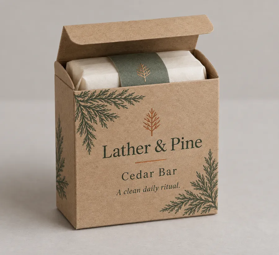 Natural kraft gift soap box with cedar print, tuck flap, and wrapped cream soap bar