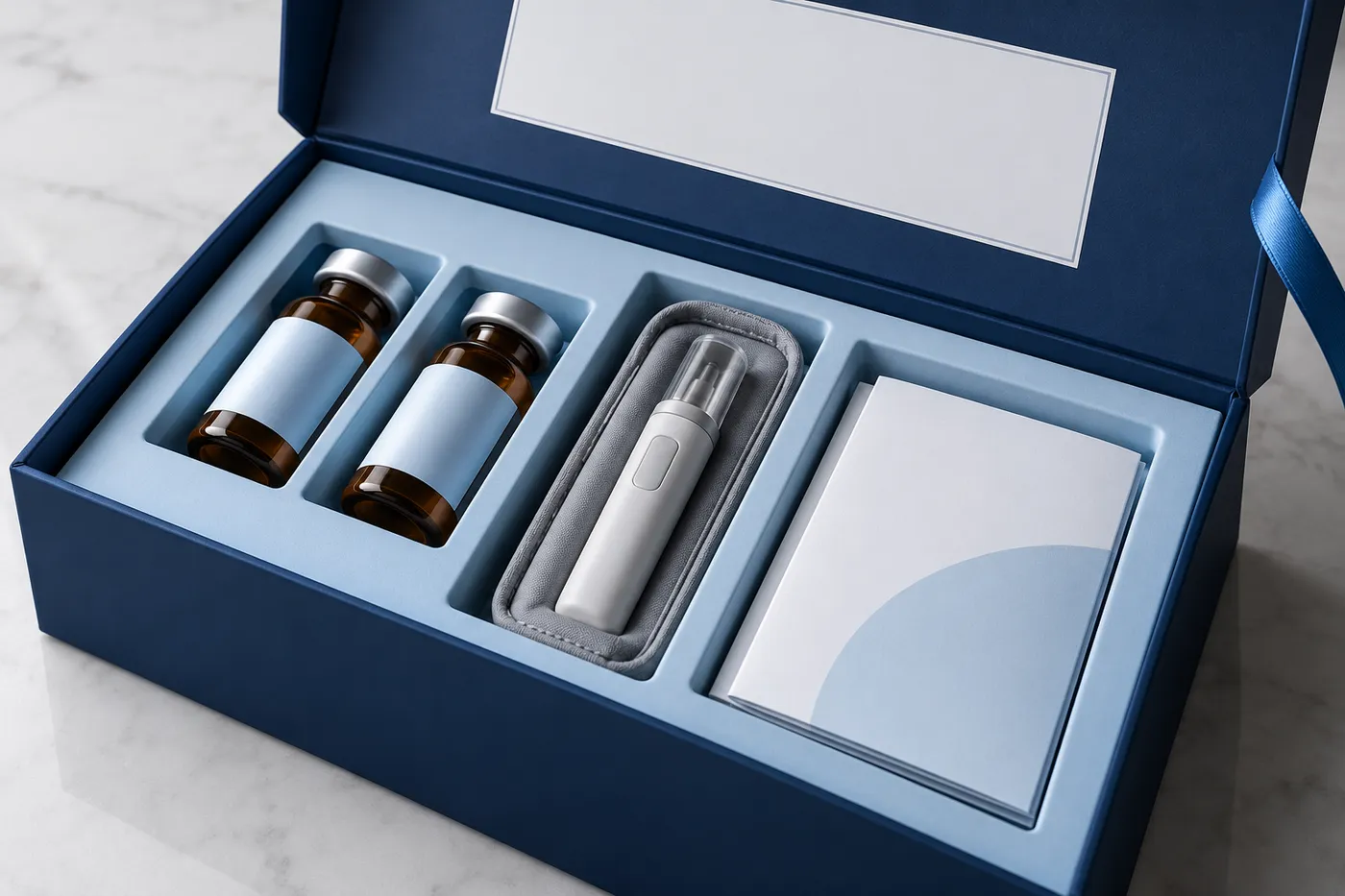 Close view of a healthcare rigid-kit insert separating vials, device, and guide.