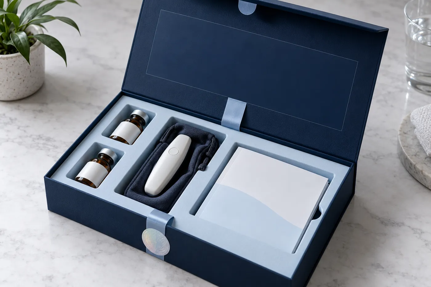 Open healthcare rigid kit box with vials, precision device, guide, and ribbon seal.