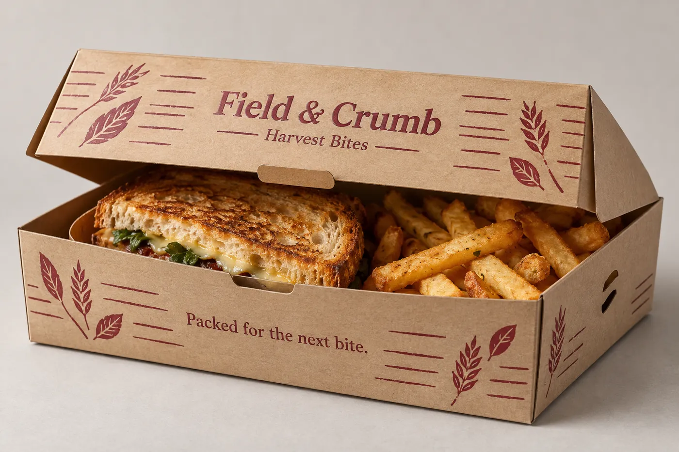 Printed kraft tuck-top hot food box holding a toasted sandwich and fries