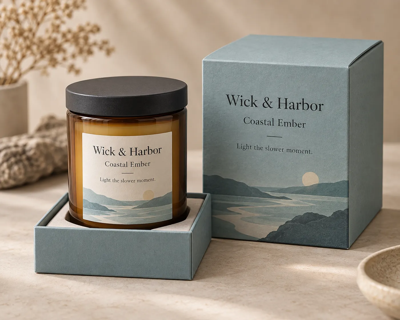 Custom jar candle box with an amber Wick & Harbor candle seated in a fitted paperboard tray.
