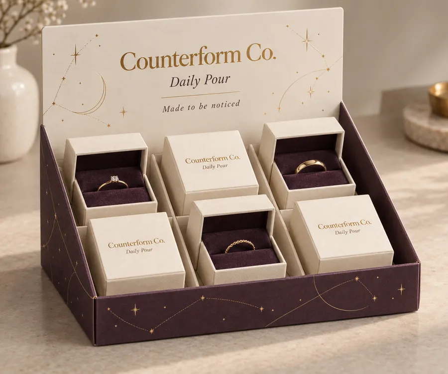 Open custom jewelry display box with six ring boxes and a printed raised header.