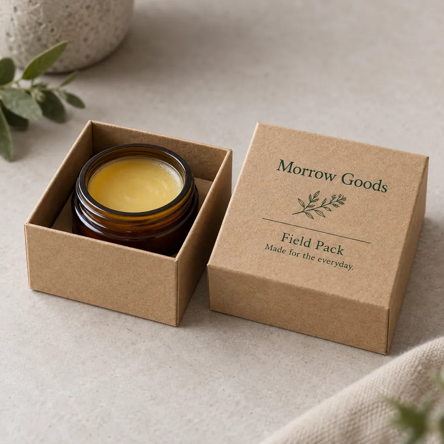Open brown kraft box with fitted lid and amber botanical balm jar